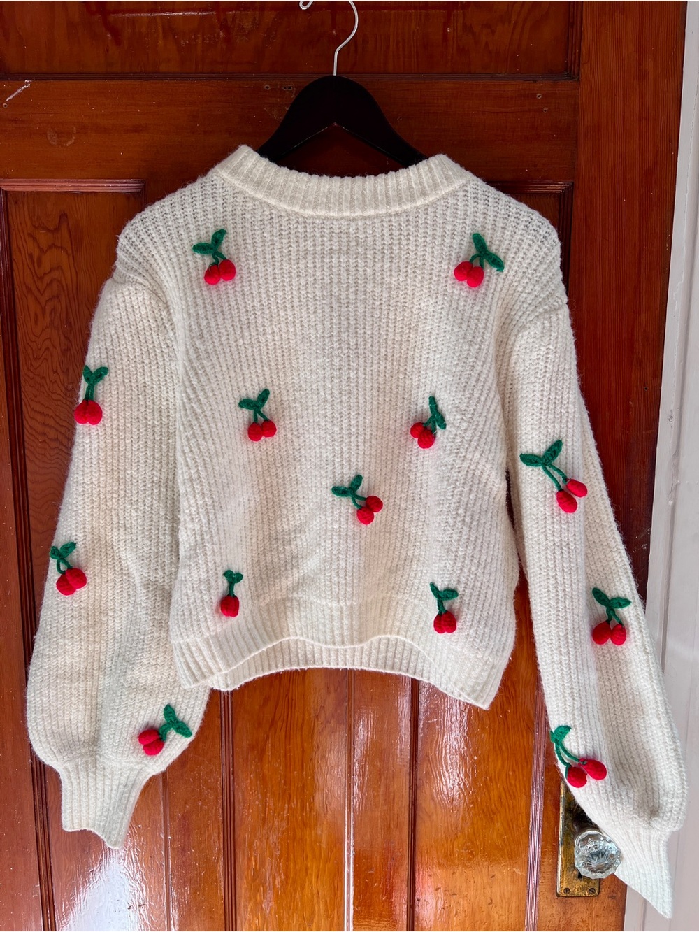 Cream White Knit Sweater with Red Cherry Embroidery